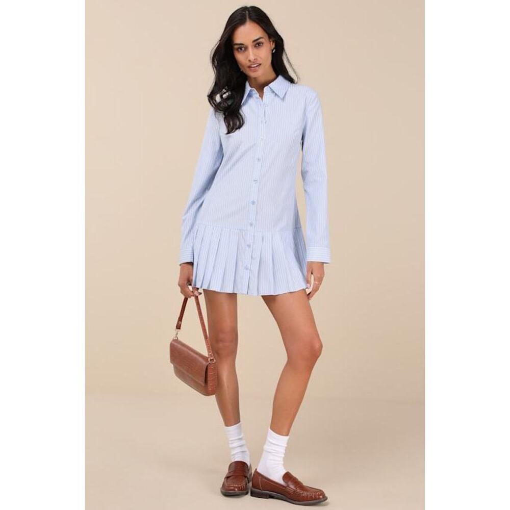 Lulus Exquisite Poise Light Blue Striped Collared Mini Dress - Size M